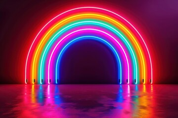 A vibrant neon rainbow arching over a glossy, reflective surface with glowing, colorful lights creating a vivid, mesmerizing display.