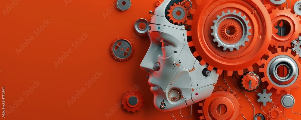 Poster abstract image of a human face integrated with mechanical gears and cogs on a vibrant orange backgro