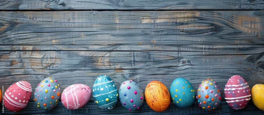 Poster Colorful Easter eggs displayed on a wooden surface with a blank area available for additional images or text.