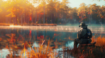 National Hunting and Fishing Day in the USA. a man is fishing with a fishing rod