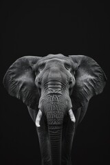  A black-and-white image of an elephant featuring tusks and ear tusks