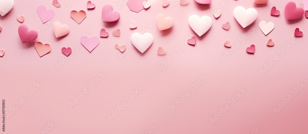Leinwandbilder Valentine's Day theme with pink hearts on a soft pink background, creating a romantic copy space image in a flat lay style from above.