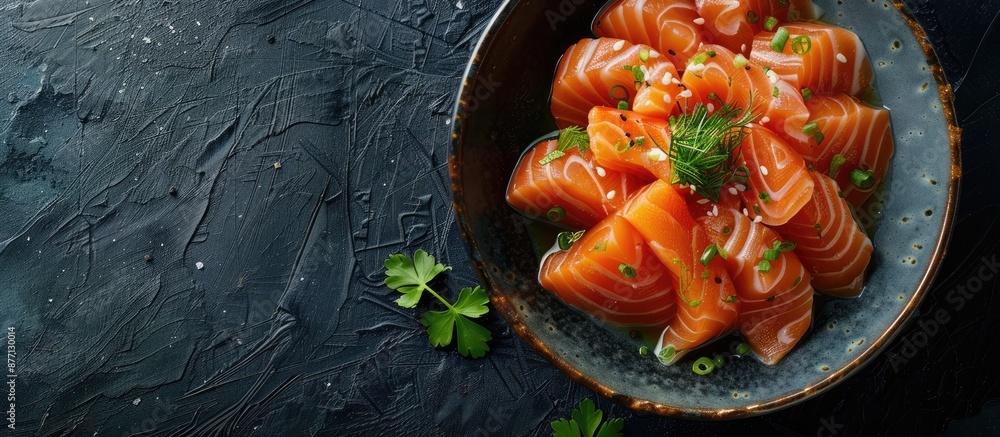 Poster salmon dish arranged to showcase freshness in a copy space image.