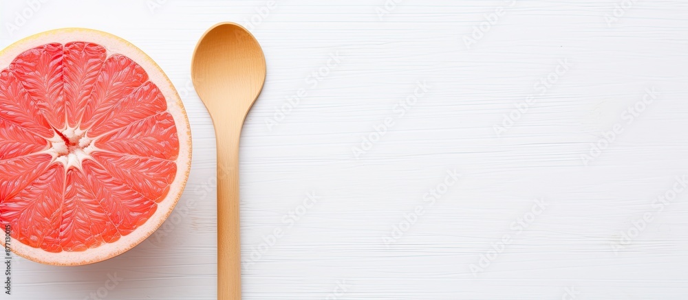Poster a grapefruit on a white wooden surface with a spoon beside it, showcasing a copy space image.