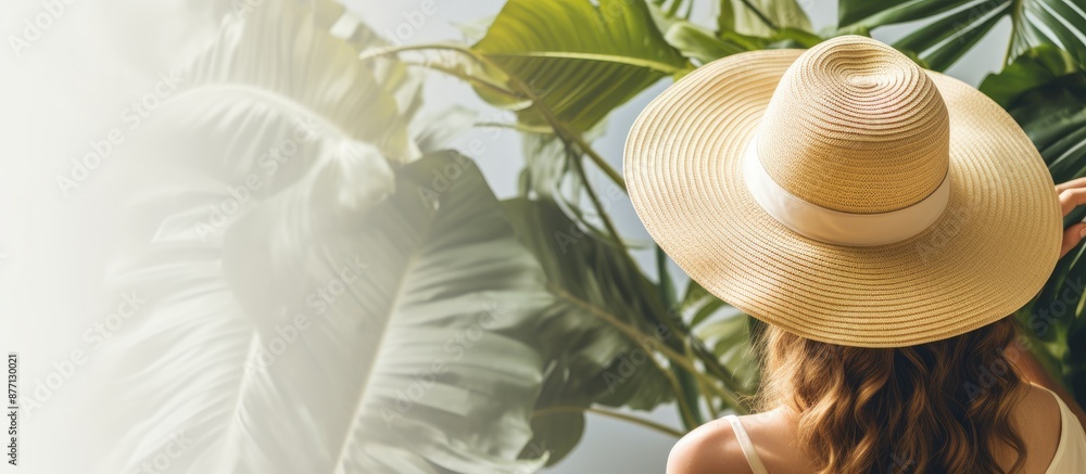 Poster Summer holidays depicted with a flat lay top view featuring a tropical leaf and a straw hat, creating a summer concept with ample copy space image included.
