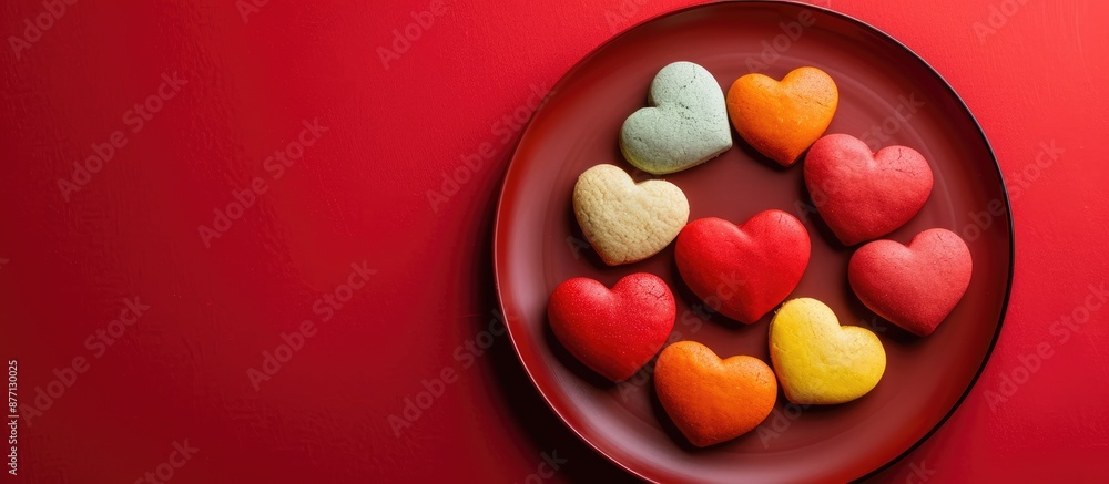 Poster Heart-shaped colorful cookies on a red plate with copy space image.