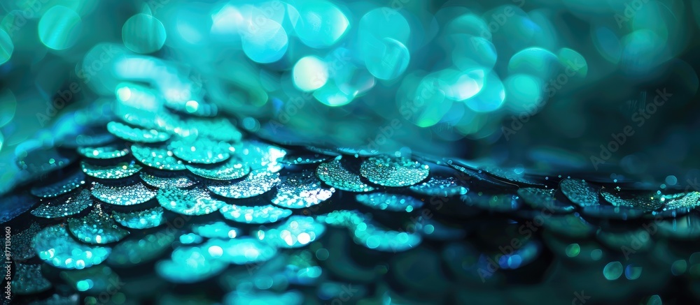 Poster close-up of turquoise glitter sequins with selective focus, surrounded by soft green scales and blue