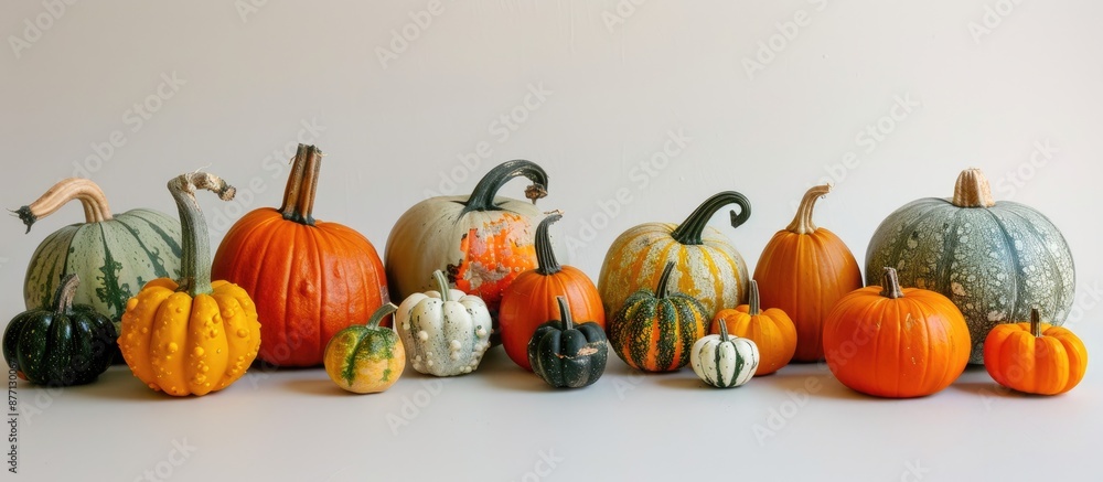 Aufkleber Various pumpkins arranged in front of a blank backdrop create a visually appealing copy space image.