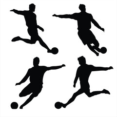 Soccer Player Vector Illustration Set, Black and White Silhouettes. Collection of Different Football Player Poses, Perfect for Logos, Designs, and More.