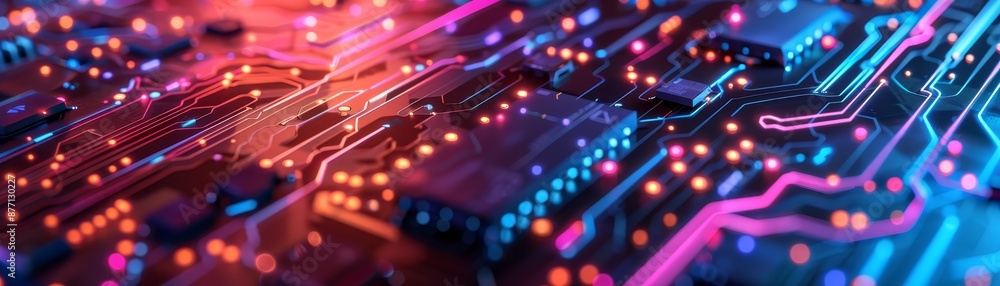 Poster close-up of a colorful and futuristic circuit board with glowing neon lights, showcasing advanced te