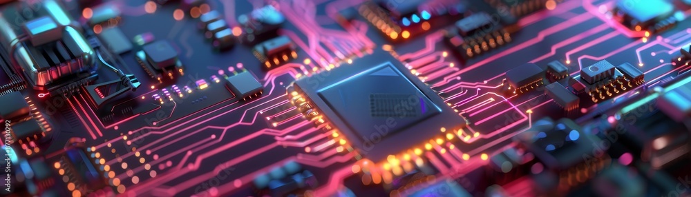 Poster close-up of a futuristic circuit board with glowing lines and components, symbolizing advanced techn