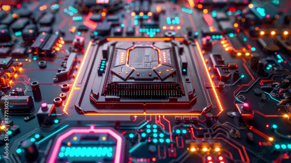 Poster close-up of a colorful computer motherboard with glowing neon lights showcasing intricate circuitry 