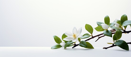 A stunning morning flower and leaves set against a white backdrop with copy space image.
