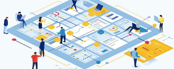 Business team collaborating on project management and strategizing in modern digital workspace. Teamwork and planning concept.