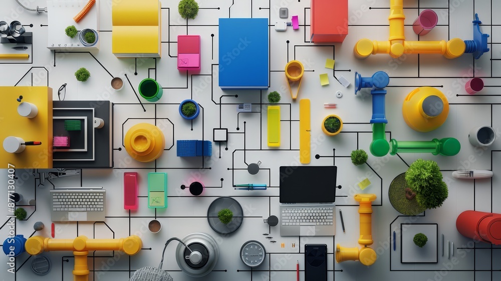 Poster colorful and abstract technology network concept with various gadgets and geometric shapes connectin