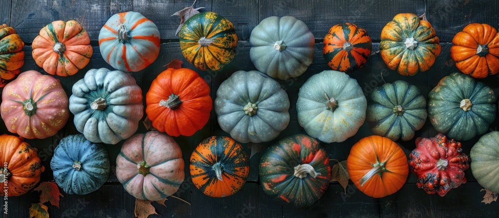 Poster a variety of pumpkins displayed on a rustic wooden surface for halloween and autumn harvest, capture