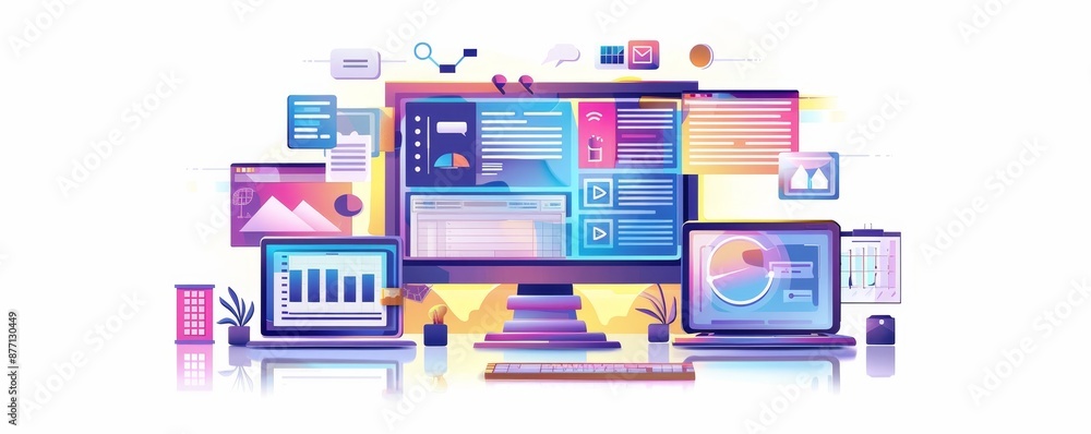 Poster colorful digital workspace with multiple screens displaying graphs, charts, and data visualizations 