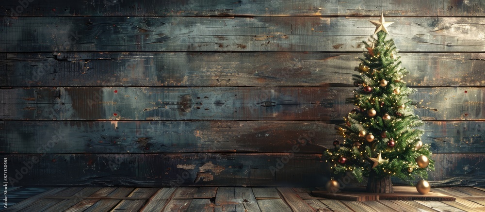 Poster festively decorated christmas tree displayed on a rustic wooden board with ample copy space image.