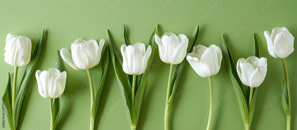Leinwandbilder spring white flowers arranged on a green surface in a flat lay composition with copy space image.
