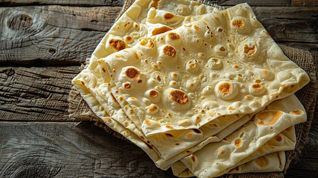 Uzbek flatbread lavash displayed on a wooden surface
