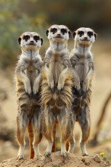 Fototapeta premium Three meerkats aligned on a dirt mound, trees behind them