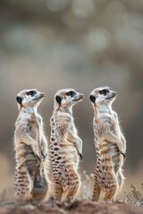 Fototapeta premium Three meerkats aligned on a dirt mound, against a hazy backdrop