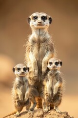 Fototapeta premium Three meerkats atop a mound, stacked in ascending order