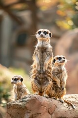 Fototapeta premium Three meerkats atop a rock, before a solitary tree and a rocky cliff
