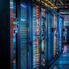 a server room with good lightning, Three racks of computers are visible, High-tech data center, AI processing operation center