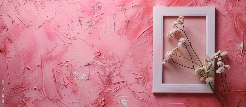 Aufkleber Top view mockup featuring a white picture frame with mouse-ear chickweed flowers on a pink textured backdrop, providing space for an image.