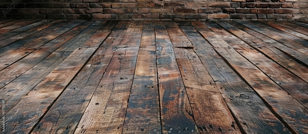 Poster Rustic, grungy wooden floor serves as a background with an empty space for an image.