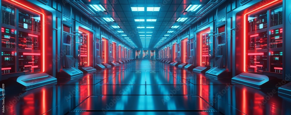 Poster futuristic data center with glowing blue and red lights, featuring rows of server racks and a reflec