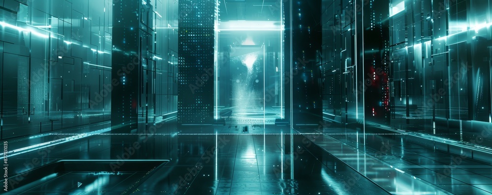 Poster futuristic corridor with neon lights and reflective surfaces creating a sci-fi atmosphere. ideal for