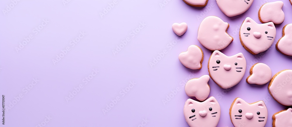 Poster light purple paper background with valentine cat-shaped cookies, featuring copy space image.
