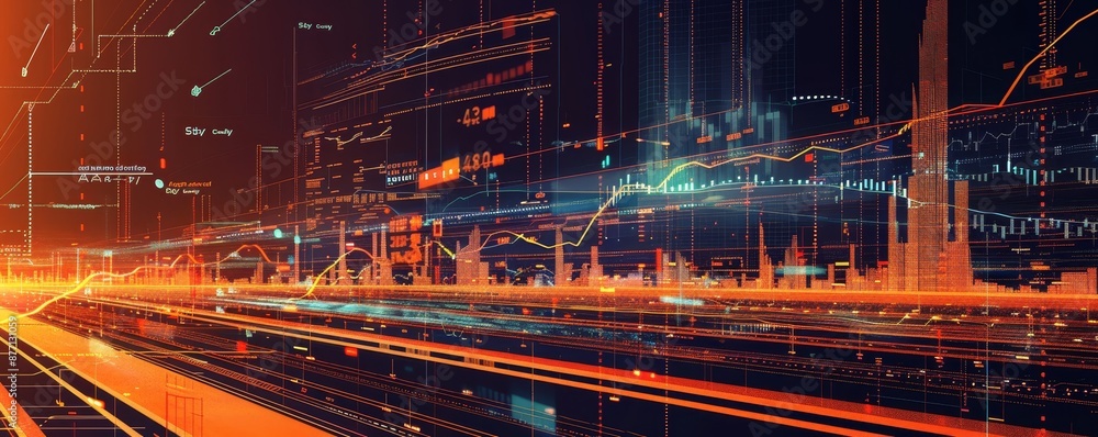 Poster futuristic digital cityscape with dynamic lines and glowing lights, illustrating technology and data