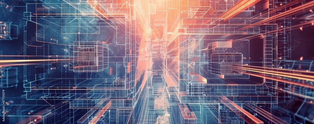 Aufkleber futuristic digital cityscape with neon lights and grid patterns representing technology and connecti