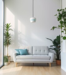 The image shows a modern, minimalist living room with a white sofa placed against a plain white wall