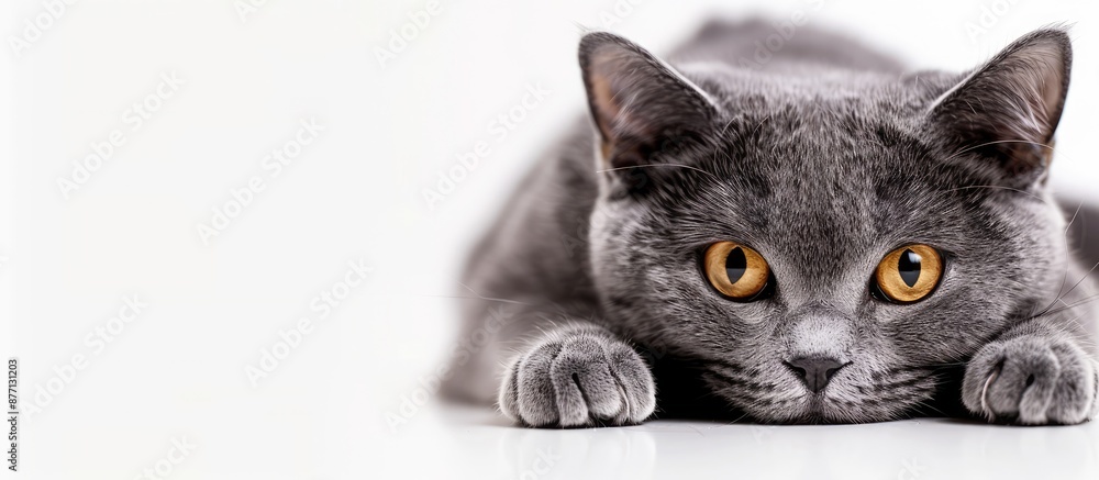 Poster Isolated photo of a grey cat on a white background with copy space image.