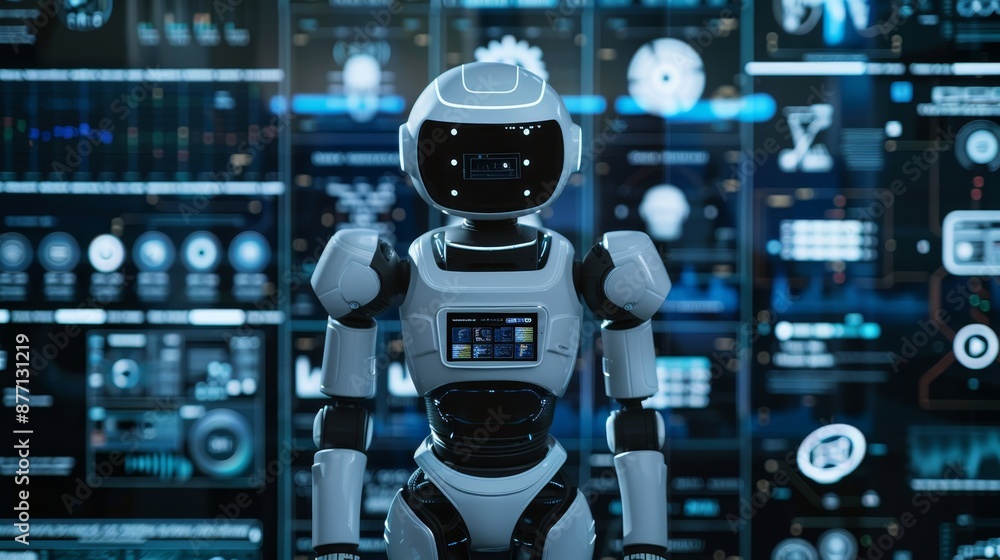 Aufkleber futuristic humanoid robot standing in front of digital screens displaying various data and technolog
