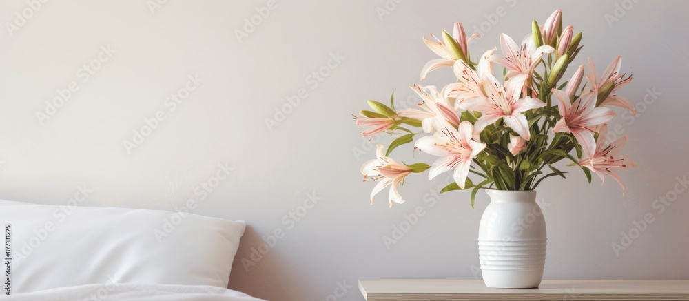 Aufkleber a tastefully arranged vase with lovely alstroemeria flowers and decorations on a bedside table in a 
