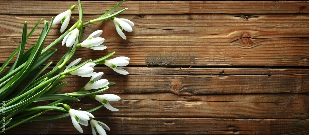 Aufkleber Snowdrops beautifully arranged on a wooden backdrop with copy space image available.