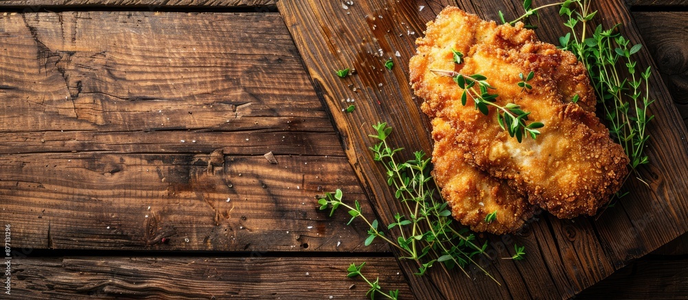 Aufkleber view from above of a fresh wiener schnitzel with breadcrumbs on a wooden board, garnished with thyme