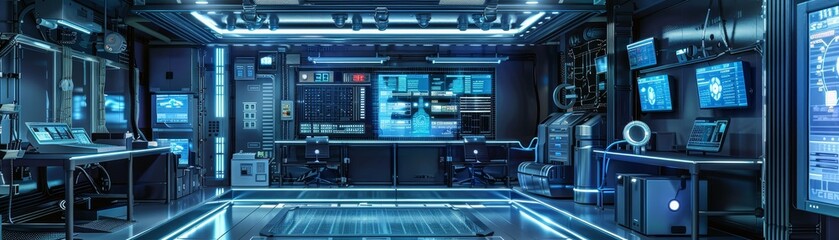 Obraz premium Futuristic research laboratory with advanced technology, computers, and scientific equipment in a high-tech, cutting-edge environment.