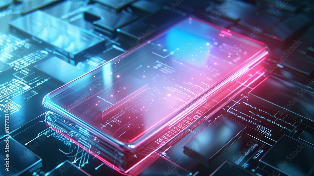 Poster futuristic smartphone with holographic interface on circuit board, blending technology and innovatio