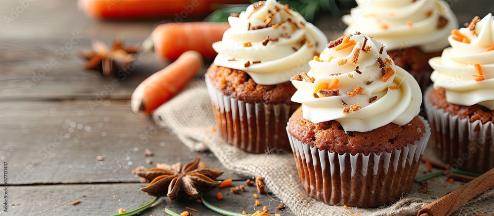 Poster carrot cake cupcakes with buttercream frosting perfect for featuring a copy space image.
