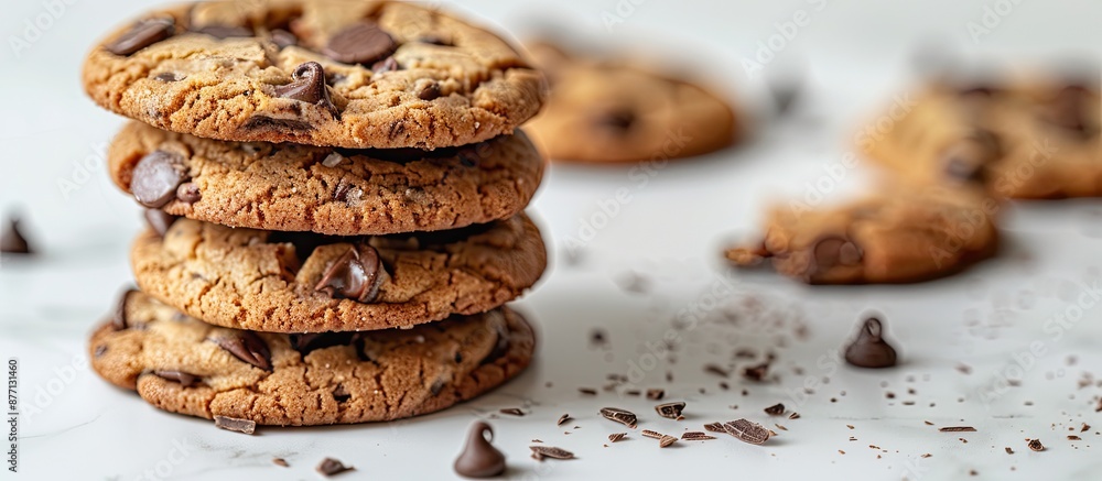 Aufkleber a mouthwatering stack of chocolate chip cookies on a white surface with copy space image.
