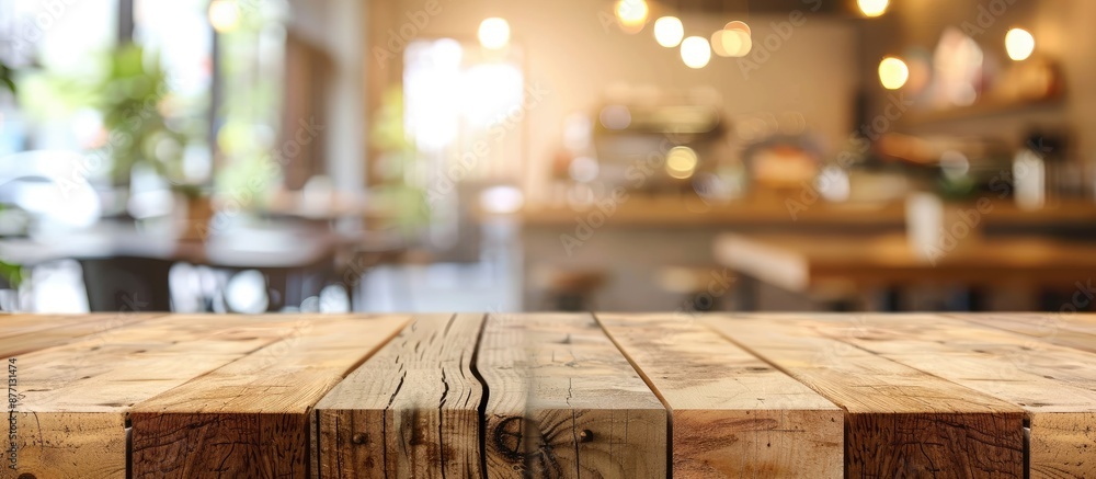 Aufkleber wooden table with empty space for showcasing products with a blurred restaurant or coffee shop backg