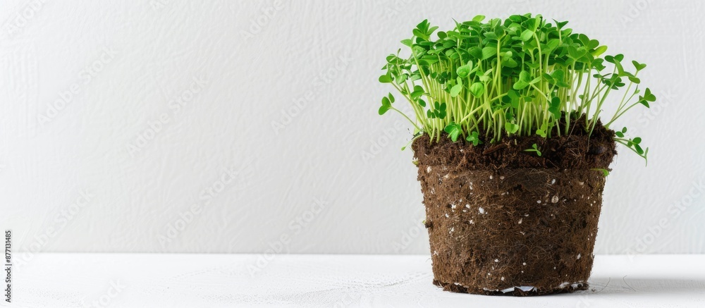 Poster close-up of micro-green pea sprouts in a pot with soil on a white background, perfect for healthy li