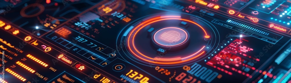 Poster futuristic user interface with digital displays, high-tech controls, and vibrant colors showcasing a
