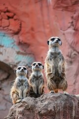 Fototapeta premium Three meerkats seated on a rock before red rock formation's backdrop